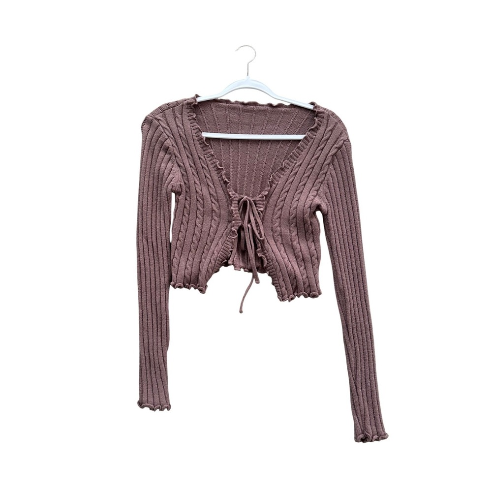 SHEIN Pink Cropped‎ Cable Knit Tie Front Ruffle Cardigan Sweater Women Size S